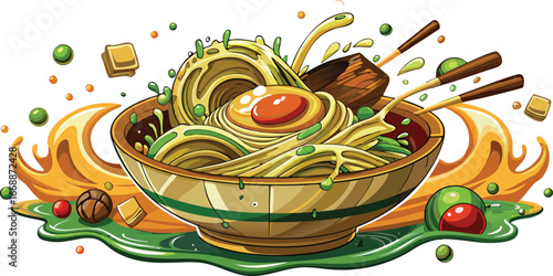 Delicious Ramen Noodles with Egg and Chopsticks in a Bowl with Splashing Broth and Ingredients food asian food
