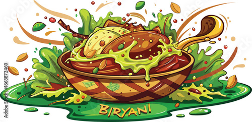Delicious Biryani Dish with Green Sauce and Garnish Illustration food indian food