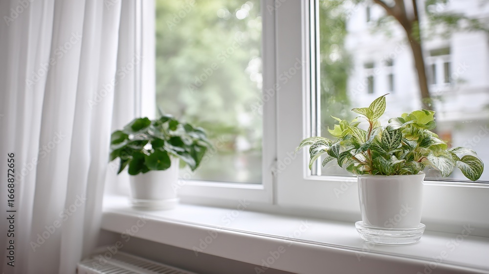 Fototapeta premium Indoor Greenery on a Window Sill: Potted Plants Enhancing Interior Decor with Natural Light
