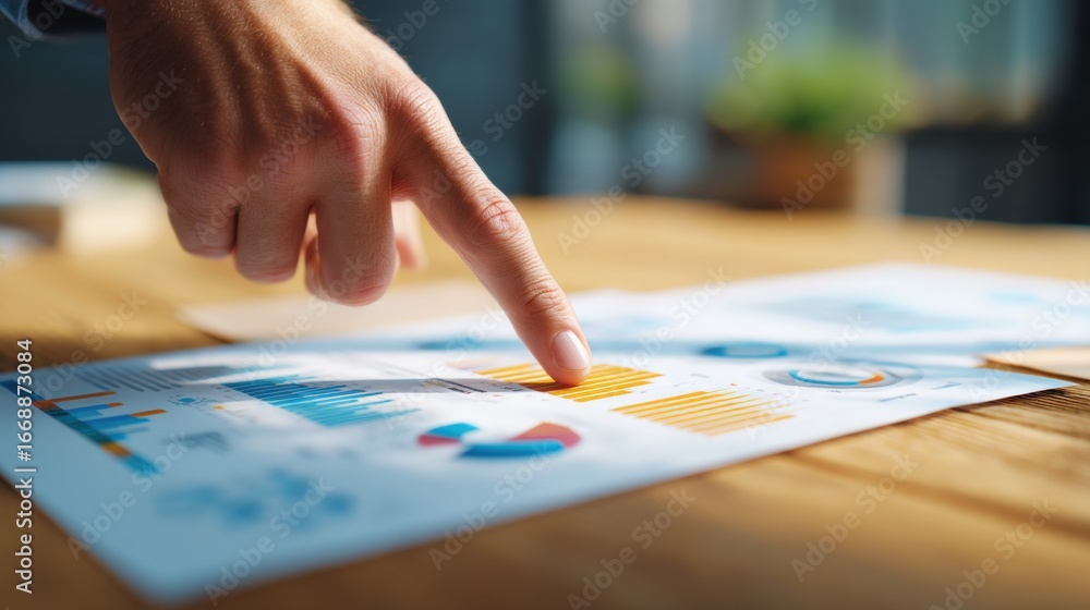 Fototapeta premium Analyzing Business Data: Hand Points to Charts and Graphs on a Wooden Table for Strategy and Planning