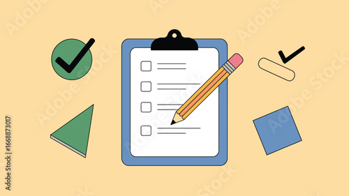 Clipboard with checklist boxes and pencil surrounded by shapes on a light yellow background