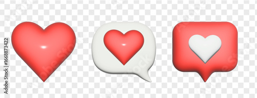 3d Social media likes and emoji icon set. Speech bubble messages with red and beige hearts. heart and love chat bubble . Cartoon design icons isolated on white. 3d Vector illustration