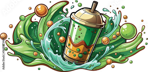 Refreshing Green Bubble Tea Drink with Tapioca Pearls Illustration boba beverage