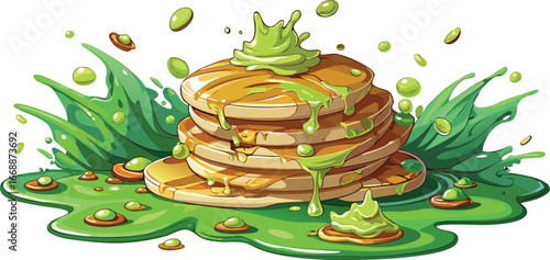 Stack of golden pancakes with green syrup and playful splashes breakfast food