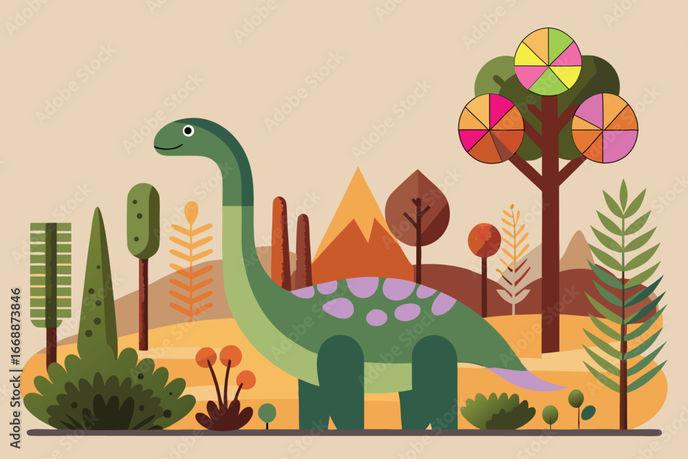 Obraz premium Cartoon Dinosaur In A Stylized Landscape prehistoric