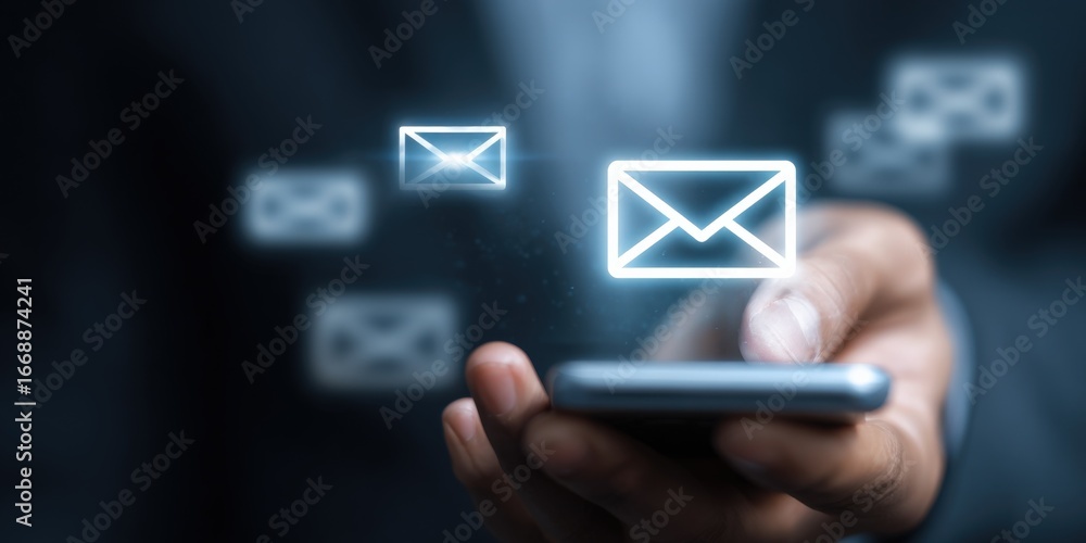 Hand holding smartphone with email icons, communication and digital messaging concept for business Hand holding smartphone with email icons, communication and digital messaging concept for business