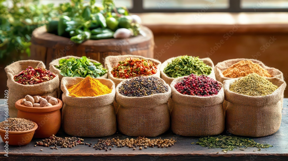 Fototapeta premium Various colorful spices displayed in cloth bags.