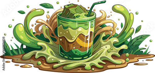 Tall Glass with Layered Green and Brown Drink and Ice Cubes Surrounded by Green Splashes vector illustration