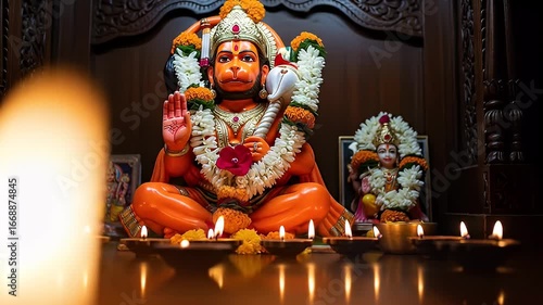 Hanuman Statue Adorned with Garland Surrounded by Candles Offering a Spiritual Ambiance in a Wooden Interior Hindu Deity