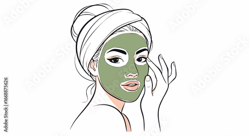 Woman wearing beauty face mask, applying it to her face for skincare routine. Beauty face mask session includes hydration with a natural cosmetic product, creating smooth skin.
