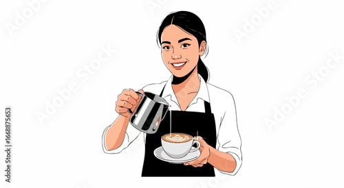 Beautiful barista smiling while pouring milk into a cup of coffee for a customer. Charming barista smiling with joy while preparing delicious cappuccino, wearing a black apron over her white uniform.