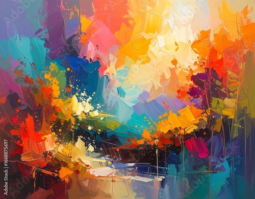 Abstract painting with acrylic splashes in vibrant tones