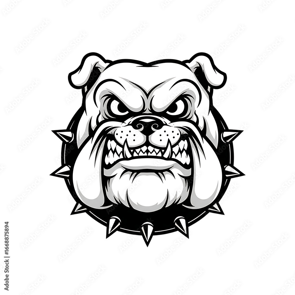 Obraz premium Angry Bulldog Mascot Head with Spiked Collar Black and White Illustration