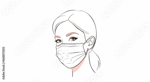 Face mask woman with a surgical mask and sketched lines, expressive eyes and hairstyle, concept of individual protection. Face mask woman in a hand-drawn illustration shows wearing a surgical mask.