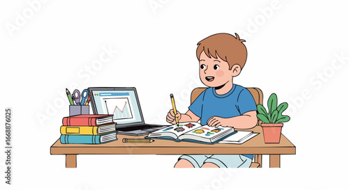 Homeschooling kid draws in notebook next to laptop, sitting at wooden table, homeschooling kid focuses on art project. Homeschooling includes creative expression with pencils and drawing.