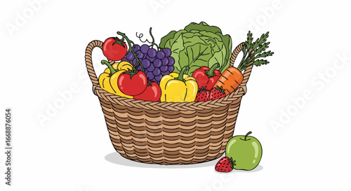Organic market pick of colorful vegetables and fruit in wicker basket for healthy eating. Fresh organic market pick for vegetarian diet, including tomatoes, grapes, peppers, carrots and cabbage.