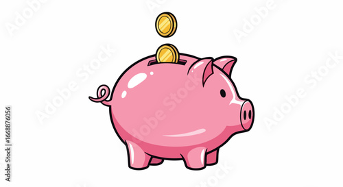 Piggy bank savings with golden coins falling inside, cute pink pig with savings. Piggy bank savings represent financial security and planning. Visualize piggy bank savings as an investment concept.