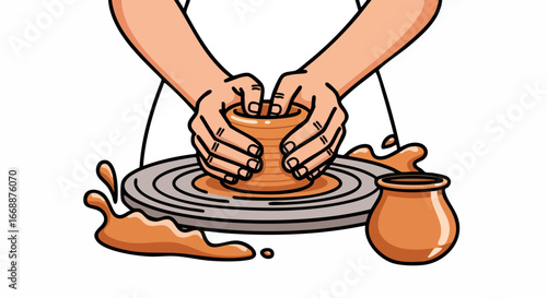 Pottery making process with clay shaping, human hands making ceramic pot on wheel. Pottery making craft involves clay, water, and artistic skill in creating forms.