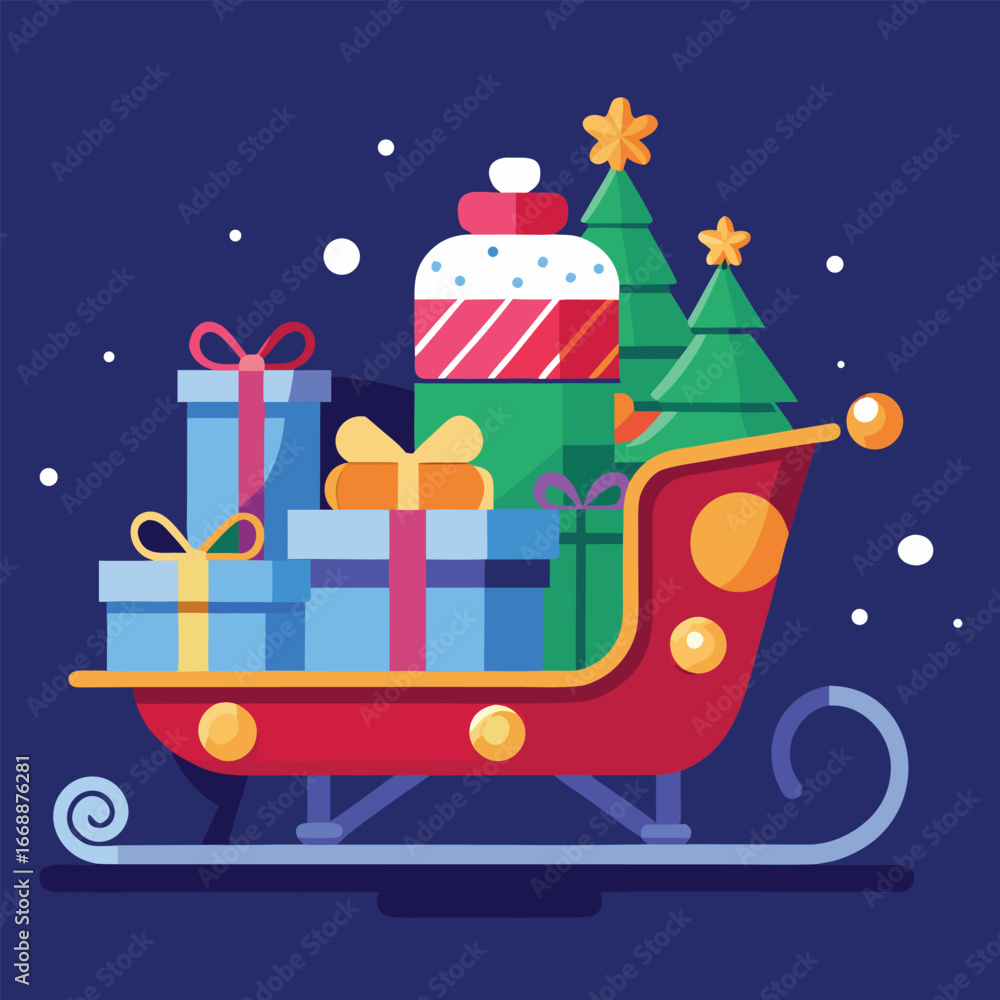Naklejka premium Festive Christmas Sleigh Scene Featuring Gifts, Trees, and a Cheerful Holiday Atmosphere Under a Starry Sky