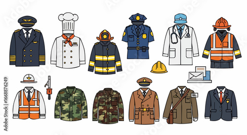 Diverse collection of professional uniform illustrations presents various career choices, highlighting work apparel. Uniform concepts include professions with different clothing styles, such as pilot,