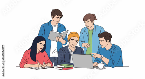 University study with young group of diverse students using laptop and book, gathered together. University study involves collaborating with their peers on school projects and assignments.