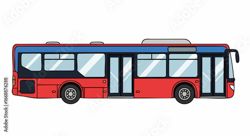 Depiction of an urban bus on white background for commercial use. Urban bus illustration includes doors, tires, and windows, demonstrating city public transportation.