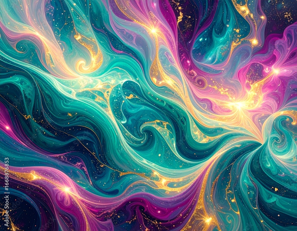 Fototapeta premium Liquid nebula in turquoise and magenta with golden light