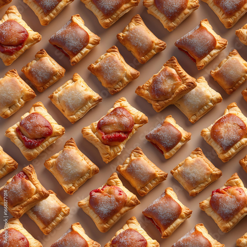 Delicious pastries with sweet filling and powdered sugar sprinkle