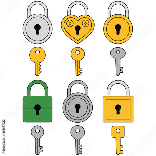 Set vintage keys locks cartoon padlock vector illustration isolated on white background