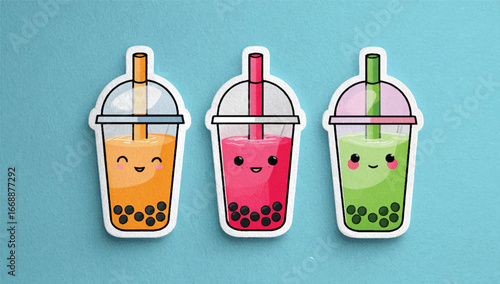 Three Cute Bubble Tea Drinks with Smiling Faces on a Textured Blue Background Delicious and Refreshing