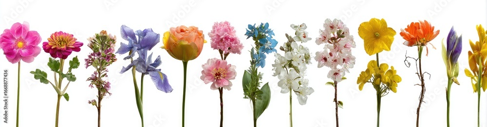 Naklejka premium A vibrant row of diverse cut flowers, stems upright against a stark white backdrop, showcasing a rainbow of colors and textures in a simple, elegant arrangement