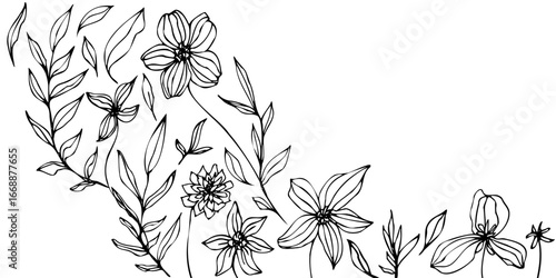 vector template with flower, leaves and branch. Elegant art for decoration. ink hand drawing monochrome botanical illustration for backgrounds. Template for wedding cards, polygraph, logo, tattoo.