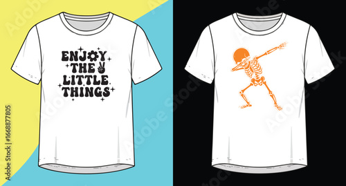 Two white t-shirts mockups featuring different graphic designs for fashion apparel