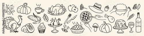 Autumn food icon set with hand drawn doodles for Thanksgiving and harvest celebrations. Pumpkins, turkey, pie, and festive fall elements for holiday designs.