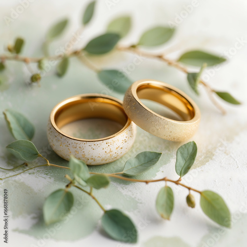 Two wedding rings with leaves create a romantic and elegant scene
