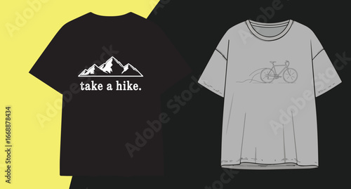 Two t-shirts showcase outdoor adventure graphics mountain biking and hiking designs