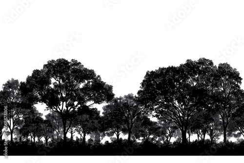 Continuous horizontal tree crowns creating seamless repeating pattern layered canopy texture with overlapping foliage tileable forest skyline border black silh.