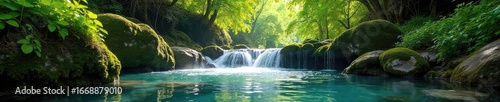 Magical Spring Water Crystal-Clear Flow Through Lush Green Forest, Sunlight Dappled, Mossy Rocks, Bubbly Flowing Water, Serene Nature Scene
