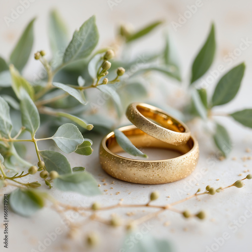 Two golden wedding rings nestled among delicate green leaves
