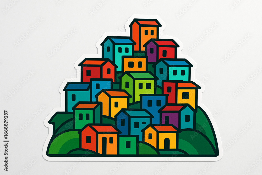 Obraz premium Flat vector illustration of colorful Brazilian favela houses on hill on white background