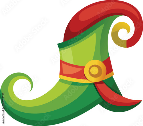 Whimsical Elf Shoe with Swirling Toe and Classic Festive Colors for Holiday Cheer
