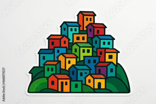 Flat vector illustration of colorful Brazilian favela houses on hill on white background
