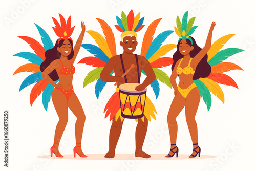 Flat vector illustration of three Brazilian carnival dancers in colorful costumes with feathers and drum