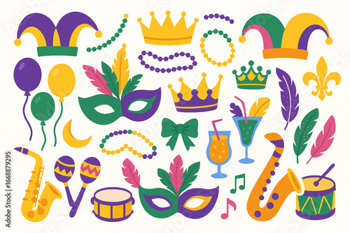 Flat vector illustration set of colorful Mardi Gras masks hats beads instruments and festive decorations