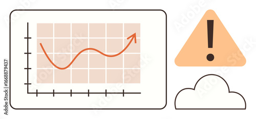Chart with upward growth arrow on a grid, orange alert symbol, cloud icon. Ideal for data analysis, technology, risk management, cloud computing, security forecasting business growth. Simple flat