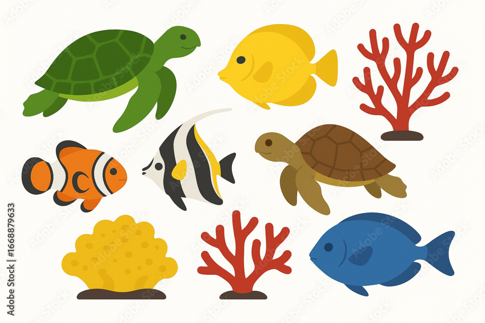 Fototapeta premium Brazilian reef icon collection sea turtles colorful reef life and corals on white background
