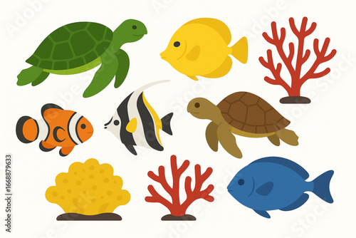 Brazilian reef icon collection sea turtles colorful reef life and corals on white background