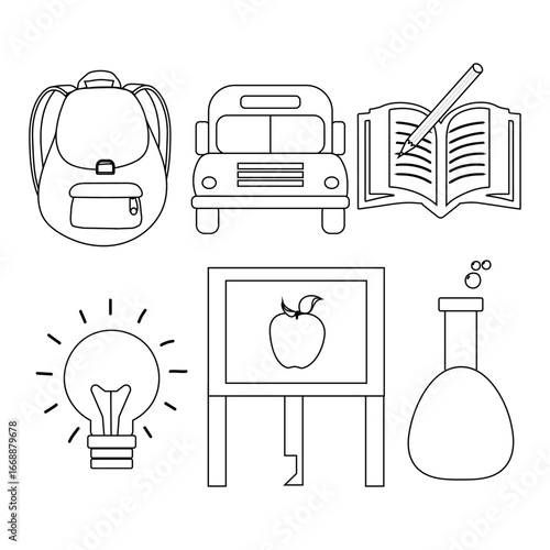 Back to School Outline Icons Collection. Set of school and education outline icons. Simple line art vector for learning, teaching, study, and back to school themes.