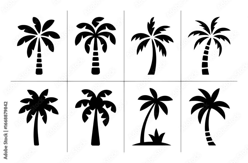 Naklejka premium Collection of Eight Black Silhouette Palm Tree Icons