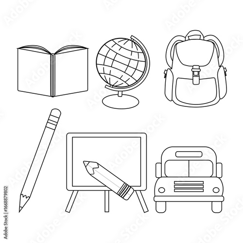 Back to School Outline Icons Collection. Set of school and education outline icons. Simple line art vector for learning, teaching, study, and back to school themes.